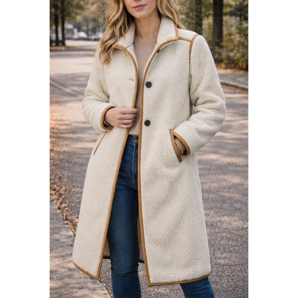 Madewell Sherpa Teddy Topcoat Women M Cream Tan Trim Button Front Long Jacket - Picture 3 of 9